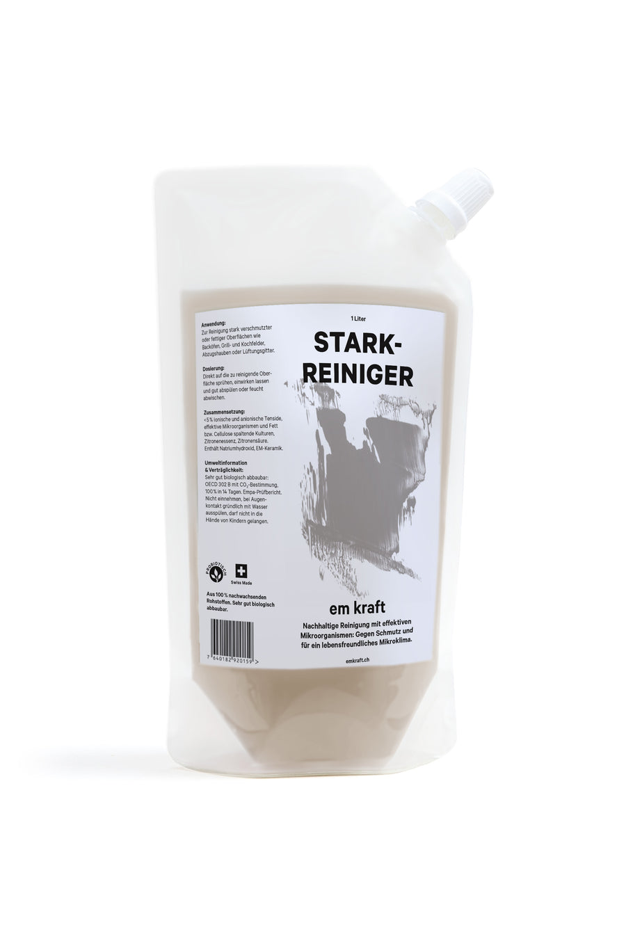 Biologischer em kraft Starkreiniger Refill Nachfüllbeutel 1l Fettlöser für Backöfen, Grill und Kochplatten. Mit effektiven Mikroorganismen und 100% natürlichen Inhaltsstoffen, frei von Gentechnik, vegan. Made in Switzerland.