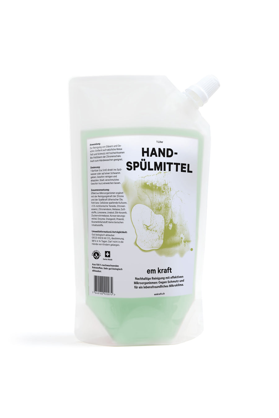 Em Kraft Handspülmittel Flasche 500ml zur Reinigung von Gläsern und Geschirr.  Entfernt Fett und Schmutz mit hochwirksamen Bio-Fettlösern der Zitronenschale. Mit effektiven Mikroorganismen. Frei von Gentechnik, vegan. Made in Switzerland.