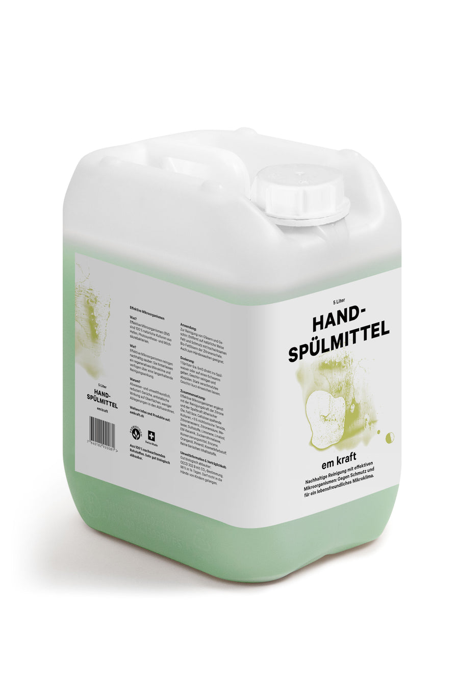 Em Kraft Handspülmittel Flasche 500ml zur Reinigung von Gläsern und Geschirr.  Entfernt Fett und Schmutz mit hochwirksamen Bio-Fettlösern der Zitronenschale. Mit effektiven Mikroorganismen. Frei von Gentechnik, vegan. Made in Switzerland.