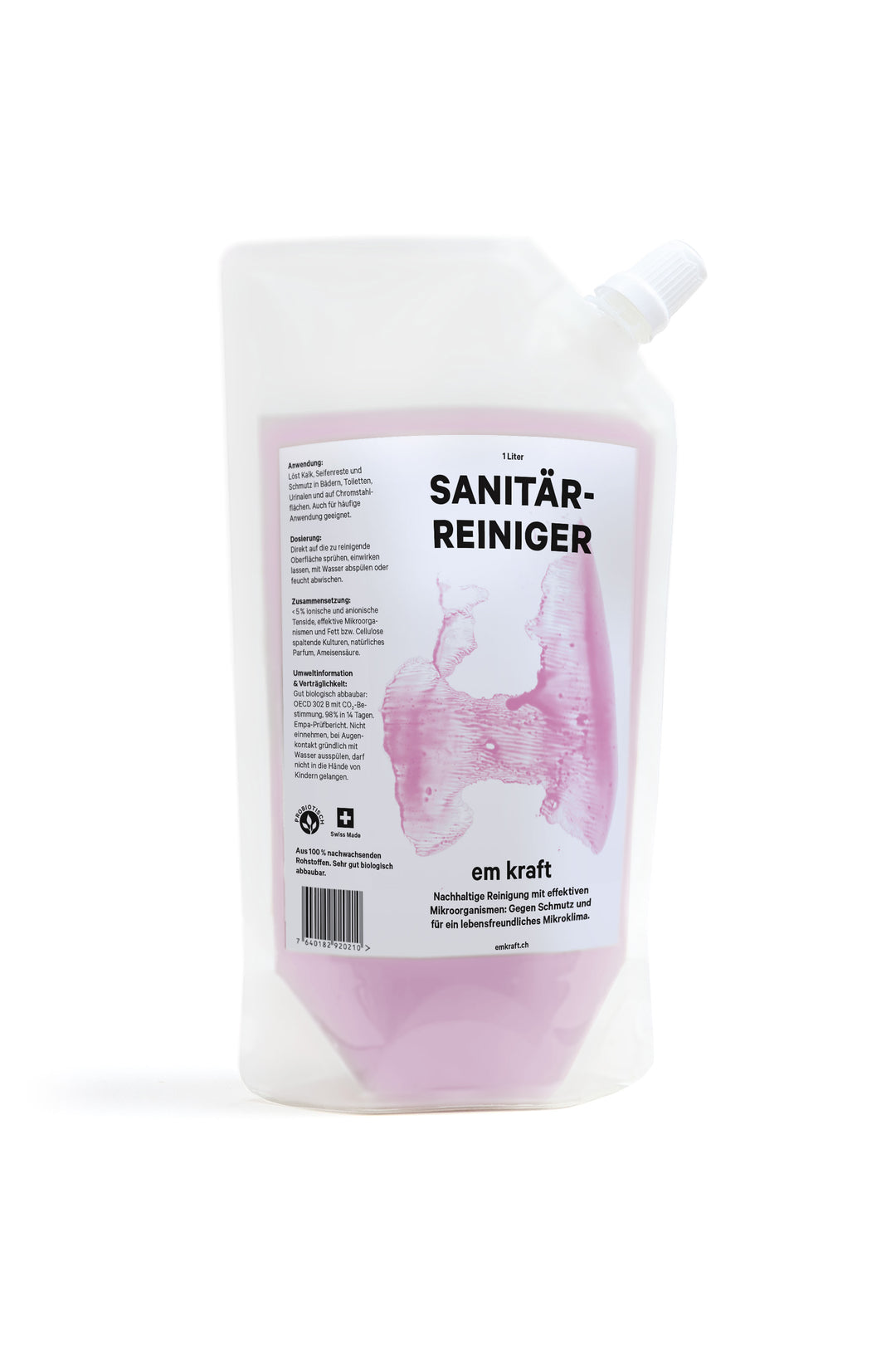 Ökologischer em kraft Sanitärreiniger Refill Nachfüllbeutel 1l Bad und WC Reiniger. Löst Kalk, Seifenreste und Schmutz in Bädern, WC und auf Chromstahlflächen. Mit effektiven Mikroorganismen und 100% natürliche Inhaltsstoffen, frei von Tensiden auf Palmölbasis