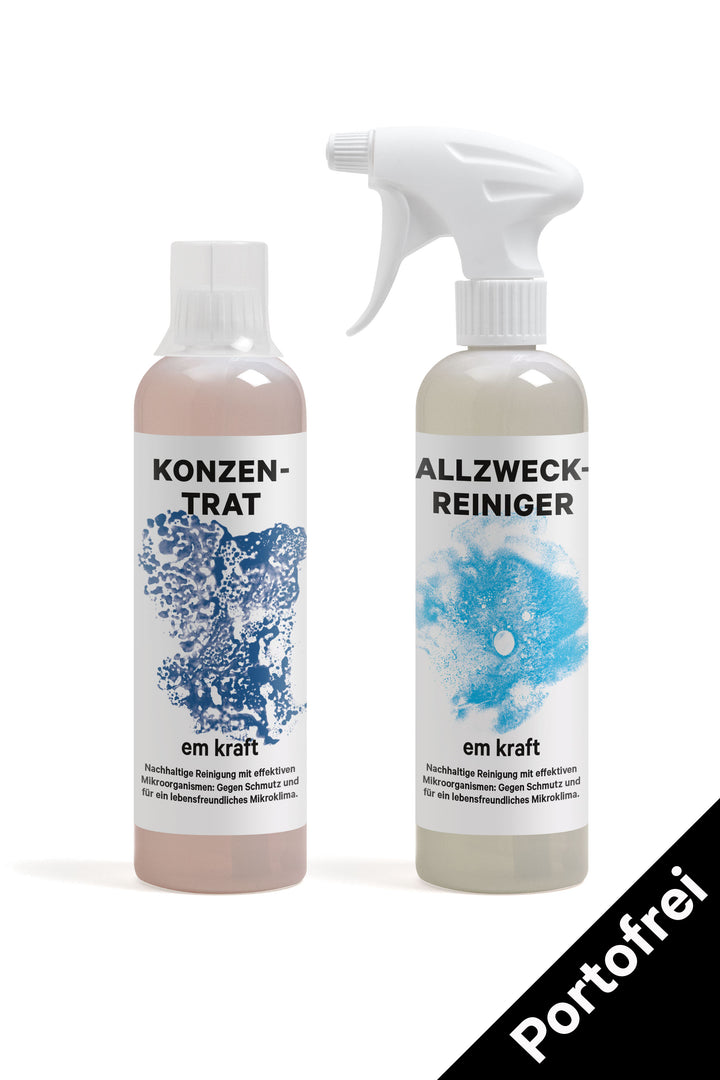 em kraft Starterset 2 Flaschen Spray 500ml Allzweckreiniger Konzentrat. Auf sämtlichen Oberflächen reinigen effektive Mikroorganismen nachhaltig sauber. Swiss Made.