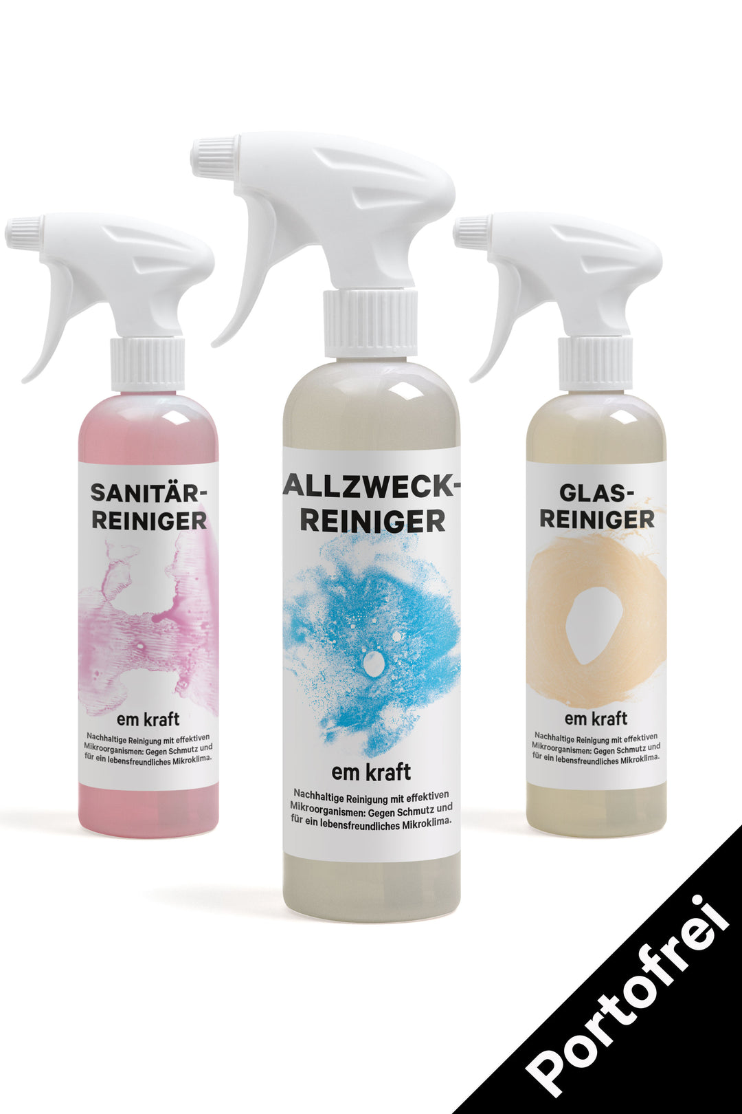 Mit em kraft den Haushalt biologisch putzen! Der Allzweckreiniger  für sämtliche Oberflächen, Sanitärreiniger für das Badezimmer und Chromstahl, Glasreiniger für Fenster und Spiegel. Effektive Mikroorganismen reinigen nachhaltig sauber. Swiss Made.