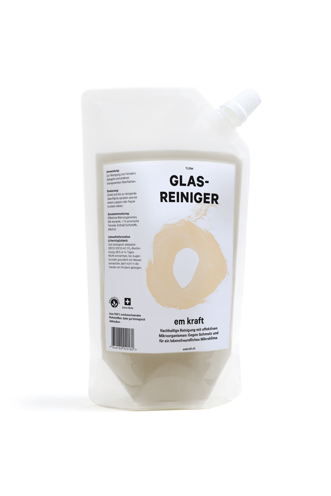 Der biologische em kraft Glasreiniger für Fenster, Spiegel und andere transparente Ober­flächen. Schweizer Qualität im 1 Liter Nachfüllbeutel für den Refill