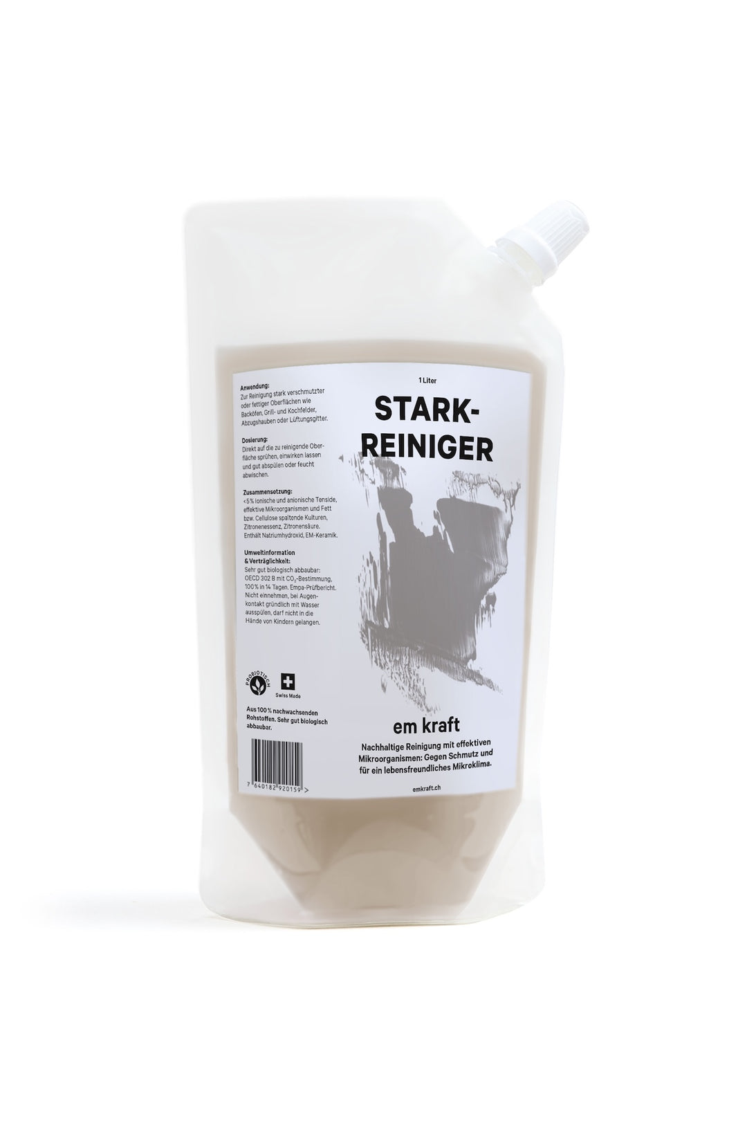 Ökologischer Fettreiniger für Küchengeräte wie Backofen, Abzug und Herdplatten. Im 1l Nachfüllbeutel für den Refill vom em kraft Starkreiniger